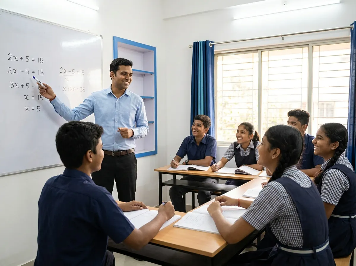 Teacher guiding students through a lesson in a bright classroom